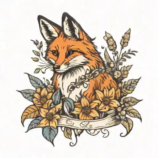 new school style tattoo of a fox sitting in wildflowers including dandelions and milkweed with a tattered banner tattoo design idea