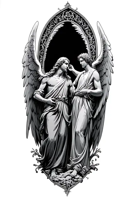 Arch Angels Gabriel and Michael watching over the souls of the earth in a graphic comic style  tattoo design idea
