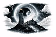 lighthouse, black hole, planet, lightning, storm tattoo design idea