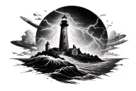 lighthouse, black hole, planet, lightning, storm tattoo design idea