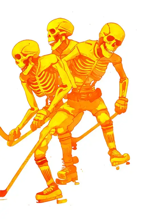 3 skeletons, 1 is playing hockey, 1 is a hockey ref, 1 is driving a zamboni tattoo design idea