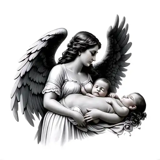 a woman angel holding two babies laying  in her 2 wings tattoo design idea