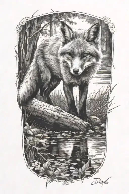 fox in woods tattoo design idea