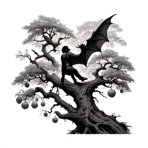 man on limb of spooky tree with fruit bat tattoo design idea