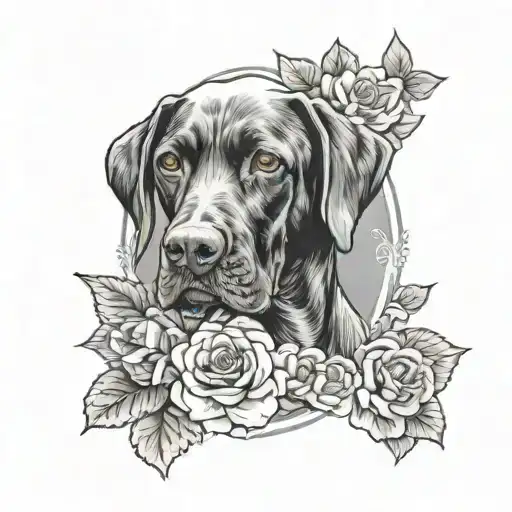 german shorthaired pointer with skull and flowers tattoo design idea
