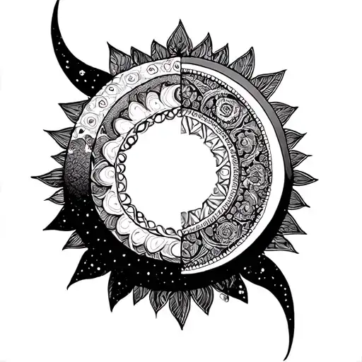 mandala, sun, moon merging together tattoo design idea
