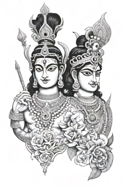 Create a tatoo of shiv and krishna where shiv represents 0 and 1 in black and white and Krishna is everything in between tattoo design idea