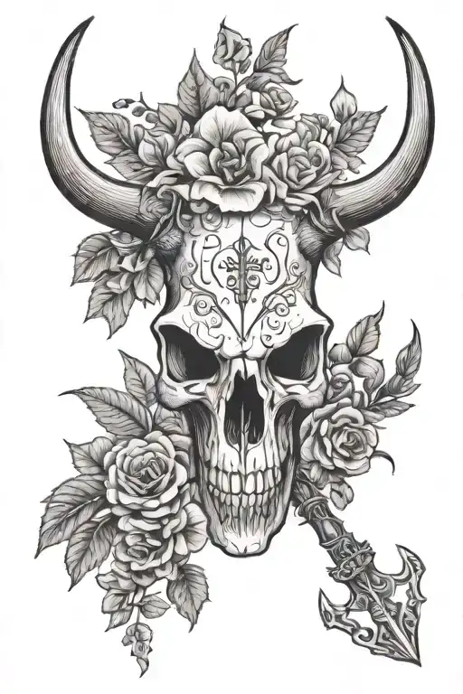longhorn skull with floral on horns and skull and an vertical arrow behind it spine tattoo simple line work tattoo design idea