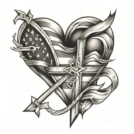 heart torn open, American flag, cross, family tattoo design idea