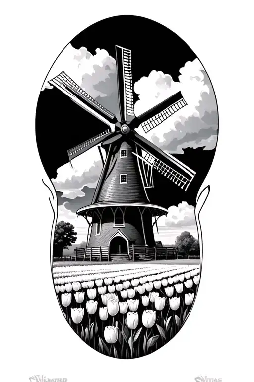 Dutch windmill with tulip field tattoo design idea
