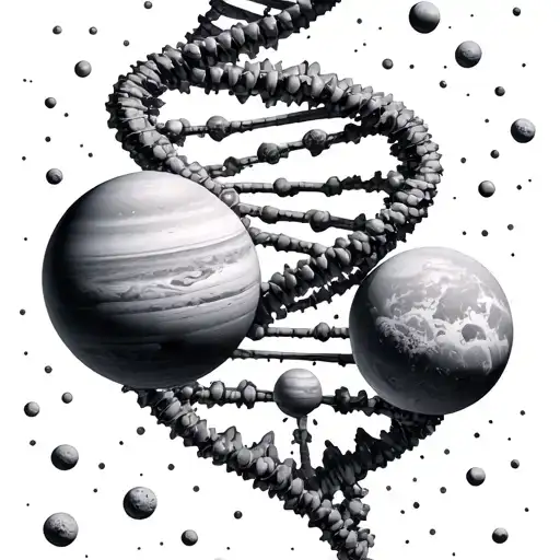 a 3d dna, where both the strands are made up of planets instead of nucleotides tattoo design idea