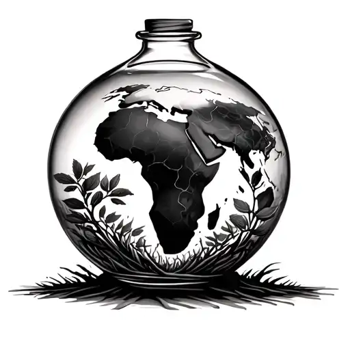 glass bottle with Africa inside, a tree growing out off it with all the other continents as leaves tattoo design idea