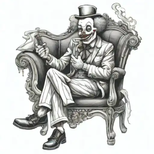 gangster clown, holding a AK 47, smoking a cigar, sitting down in a chair tattoo design idea