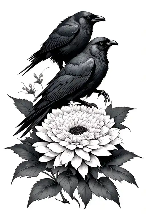 Japanese chrysanthemums have human claw marks inside, and crows are healing the wound. tattoo design idea
