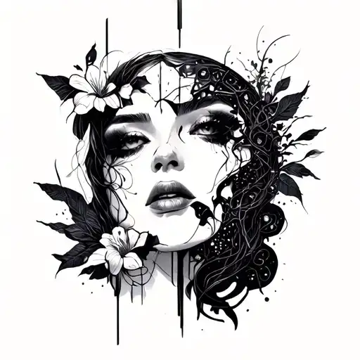 A tattoo blending eroticism and nihilism, with dark and sensual imagery symbolizing the duality of pleasure and emptiness in a cyberpunk aesthetic tattoo design idea
