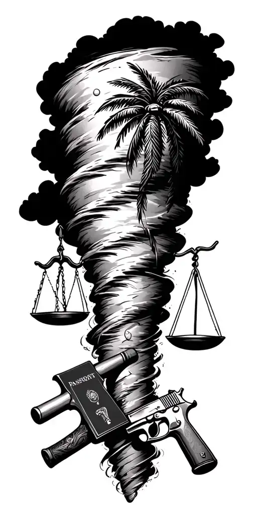 tornado sucking up scales of justice, gun, baseball bat, passport, and palm tree. Add storm clouds around the tornado. tattoo design idea