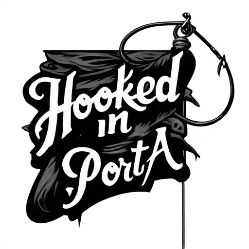 hook with fishing line that spells Hooked in Port A tattoo design idea