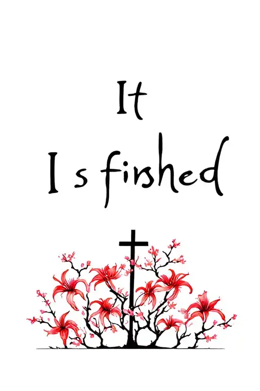 "It is Finished" Cross with Red Spider Lilies and Cherry Blossom Trees tattoo design idea