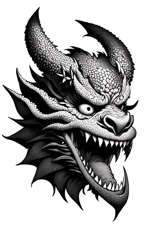 japanesse head of demon with big mouth and evil eyes tattoo design idea