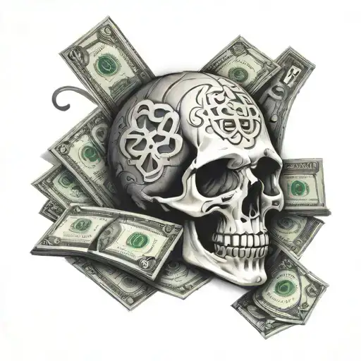skull wrapped in money symbols tattoo design idea
