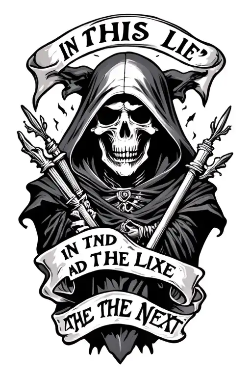"In this life and the next" grim reaper tattoo design idea