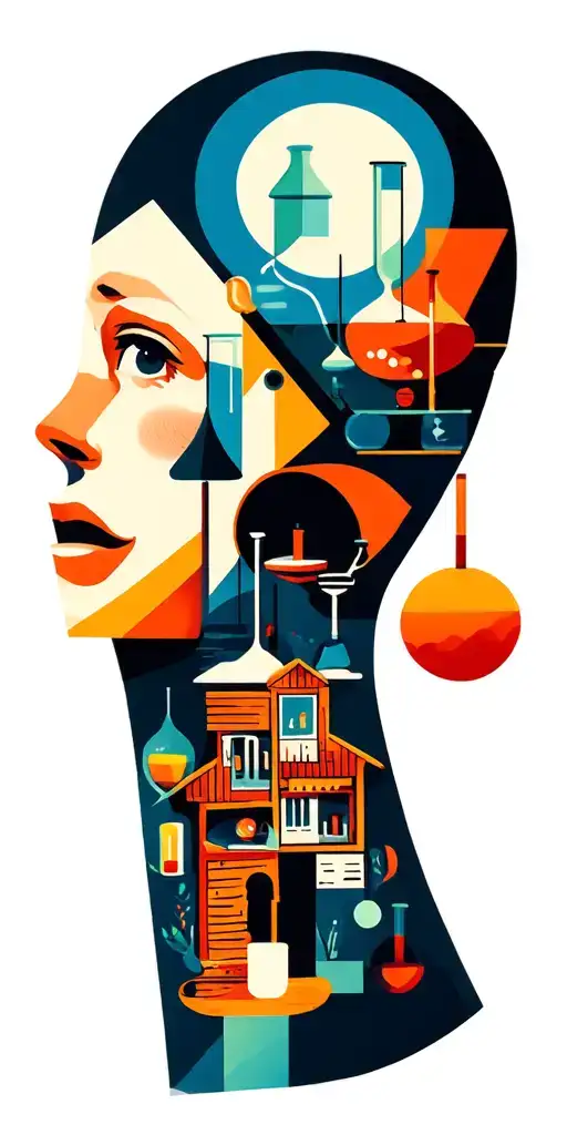 collage narrative of elements of science, woodworking, family and home,whimsy, geometric, funny scene, loss & hurt tattoo design idea