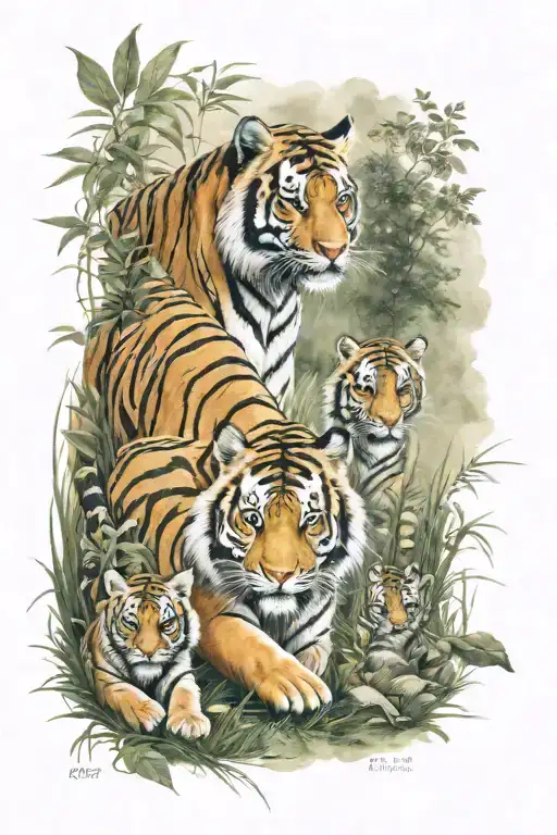 tiger cubs playing on grass with mama tiger river and trees a compass ocean  tattoo design idea