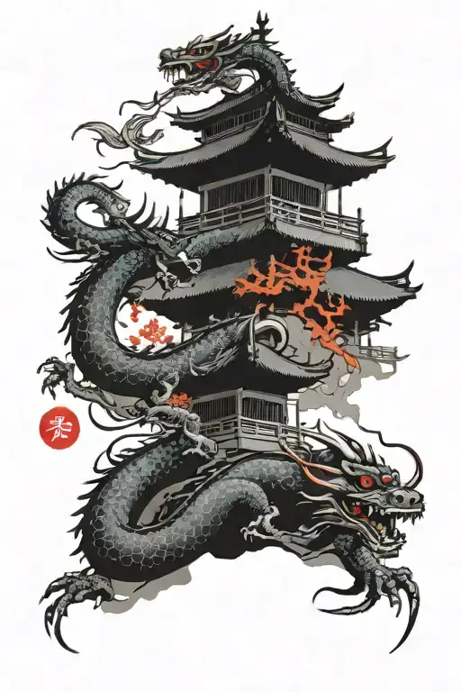 japanese temple surrounded by dragon wrapped tattoo design idea