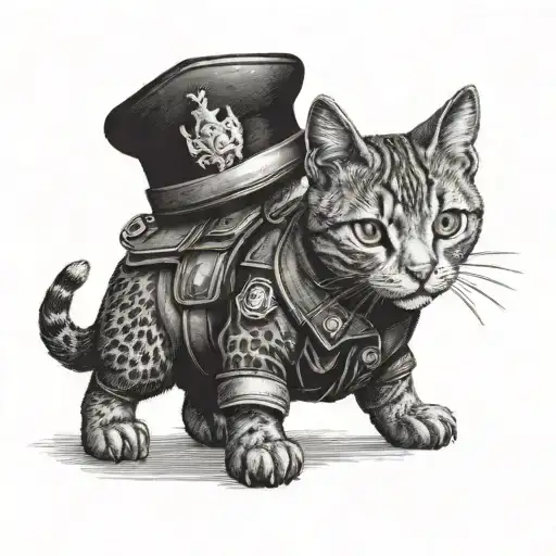 A dotwork tattoo of a cat in a police uniform, representing the client's dislike for authority figures and love for animals tattoo design idea