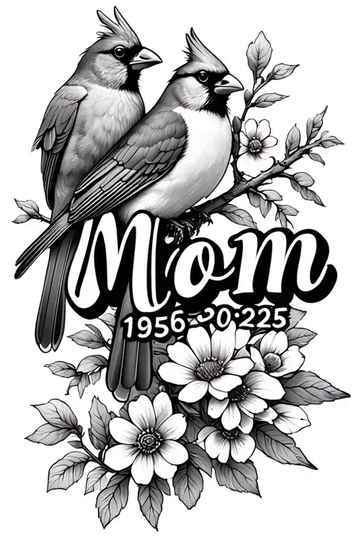"Mom 1956-2025" male and female cardinal on a branch surrounded by wildflowers tattoo design idea