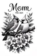 "Mom 1956-2025" male and female cardinal on a branch surrounded by wildflowers tattoo design idea