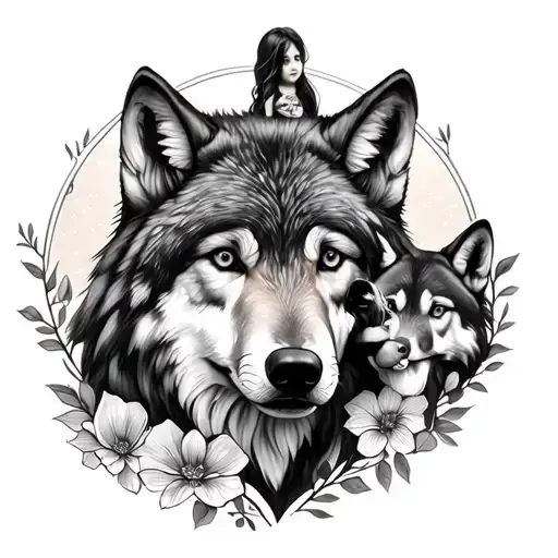 Create a tattoo of a wolf with three wolves two children and a girl standing out of the mother's head, with flowers tattoo design idea