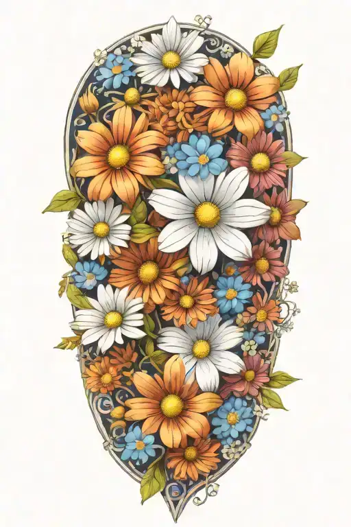 an intricate boquet of daisys and blue cosmos flowers tattoo design idea