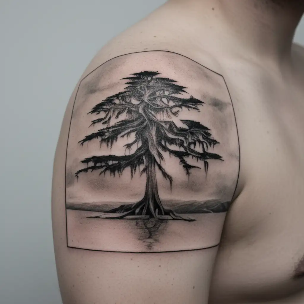 cypress tree inside of an outline of the state of Louisiana  tattoo design idea