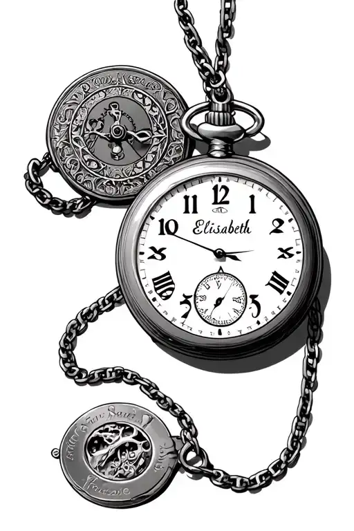 pocket watch showing 3:19, Elisabeth written on the chain, the sign of Aquarius on the reverse of the clasp, date Februa tattoo design idea