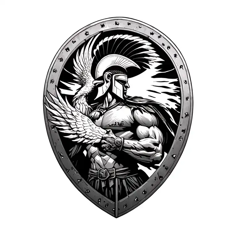realistic spartan in profile holding a shield with a phoenix drawn on it in his hand I want a lot of detail tattoo design idea