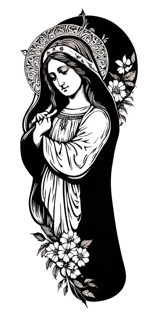 Virgin Mary on the upper arm with floral and filigree down the arm.   tattoo design idea