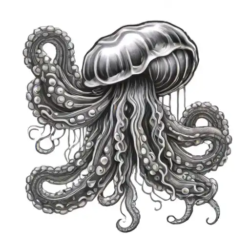 a realistic but cute  Jelly fish with octopus tentacles tattoo design idea