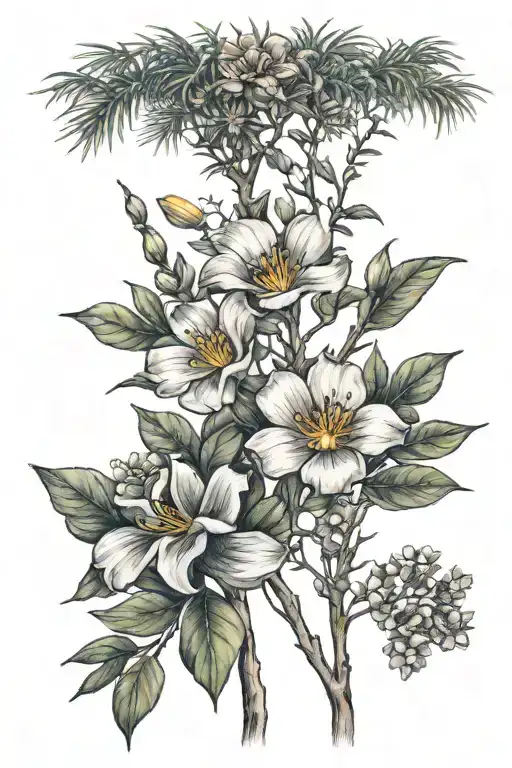 palmetto tree, roses, violets, yellow jasmine, California poppies. tattoo design idea