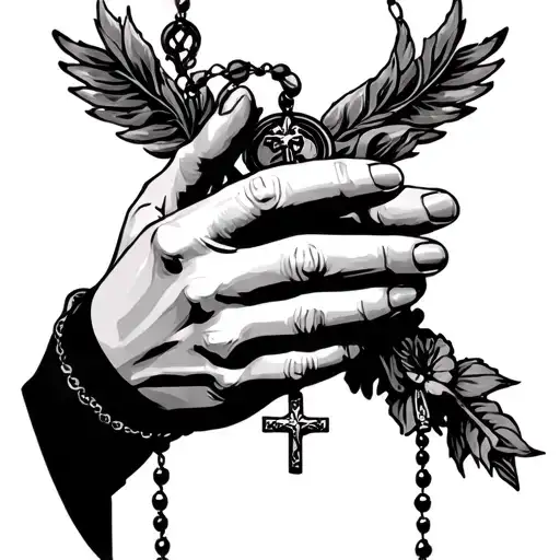 hand of mary praying with a rosary and symbol of resilience tattoo design idea