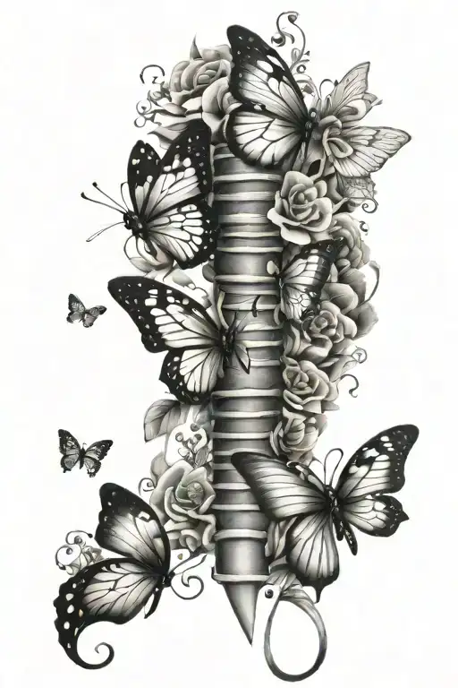 spine, butterflies, flowers intertwined, quote written "through my prayers and dedication nothing can get through me" tattoo design idea