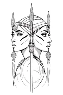 two beautiful African women faces war paint warriors. facing front. spear tattoo design idea