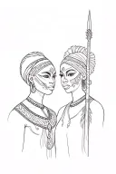 two beautiful African women faces war paint warriors. facing front. spear tattoo design idea