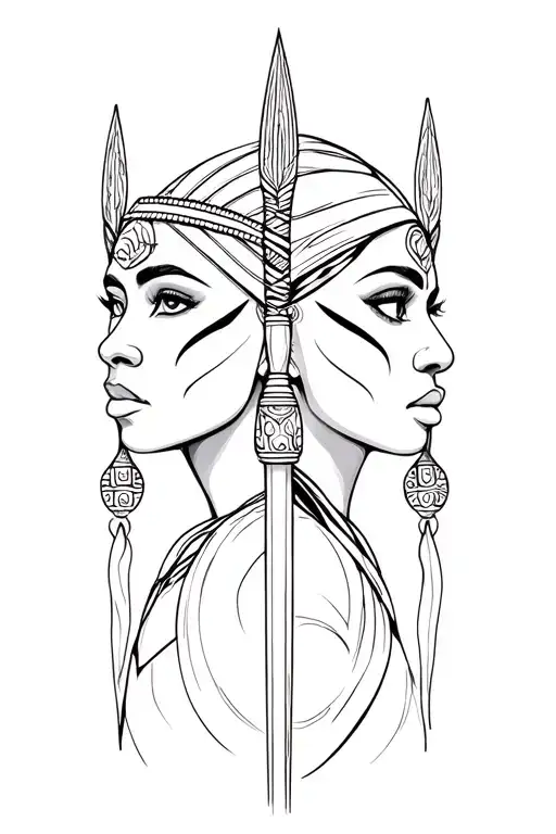 two beautiful African women faces war paint warriors. facing front. spear tattoo design idea