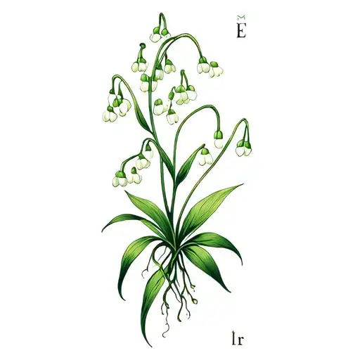 lily of the valley with the initials j a b e intertwined in the roots and the initials E r in the flowers tattoo design idea