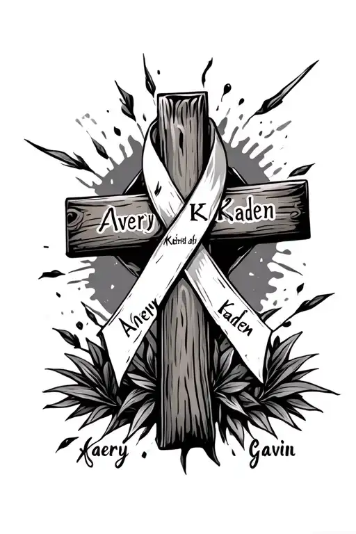 distressed,wooden cross with cancer ribbon and the names Avery, Kaden Gavin  tattoo design idea