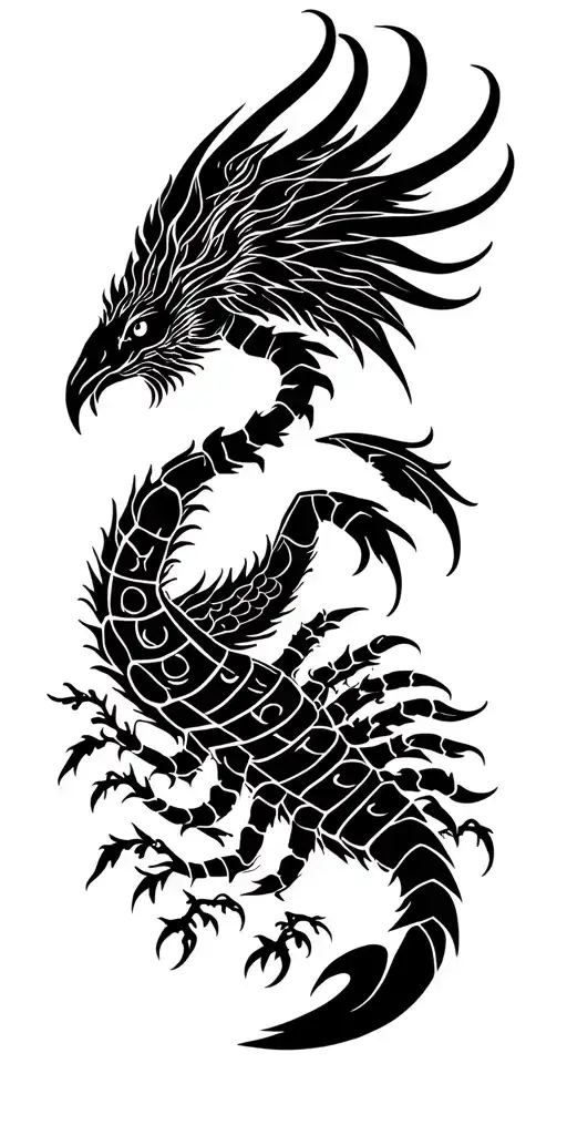 Phoenix with holding scorpion on top of forest tattoo design idea