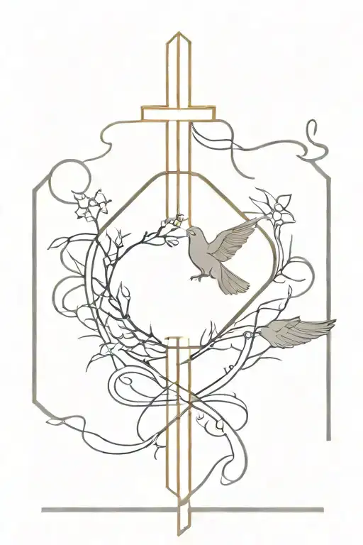 Thor arm band on the top, then doves under the thorn band, A Cross underneath that says Yahweh in Hebrew  tattoo design idea