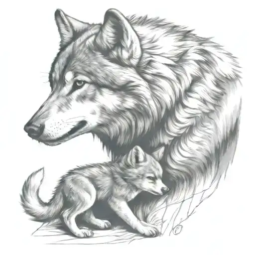 wolf protecting cub playing tattoo design idea