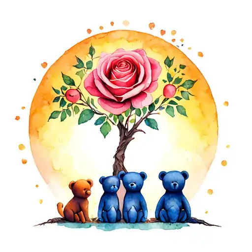 rose, sun, 3 teddies, family tree intertwined representing tattoo design idea